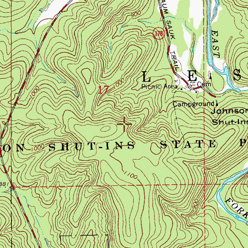 Topographic Map of Johnson's Shut-Ins State Park, MO