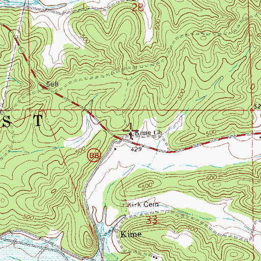 Topographic Map of Kime Church, MO