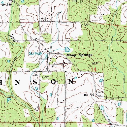 Topographic Map of Many Springs, MO