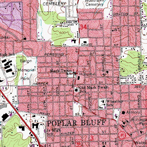 Topographic Map of Mark Twain School, MO