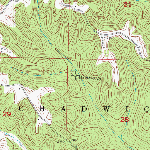Topographic Map of Mathews Cemetery, MO