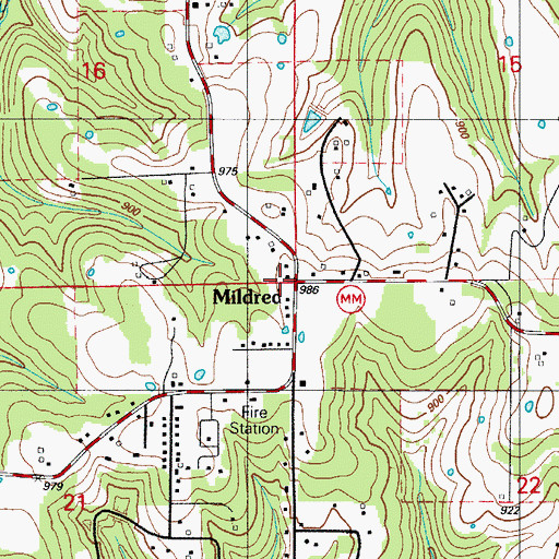 Topographic Map of Mildred, MO
