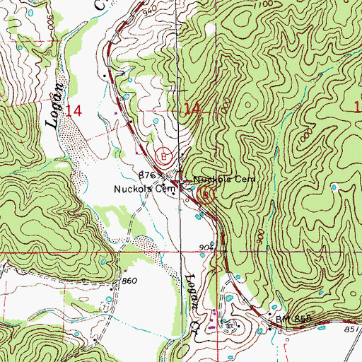 Topographic Map of Nuckols Cemetery, MO