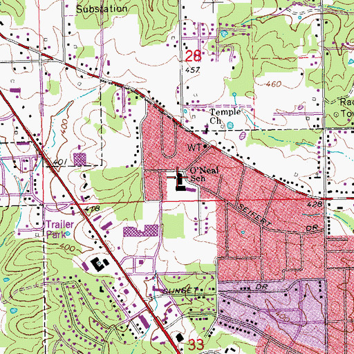 Topographic Map of O'Neal School, MO