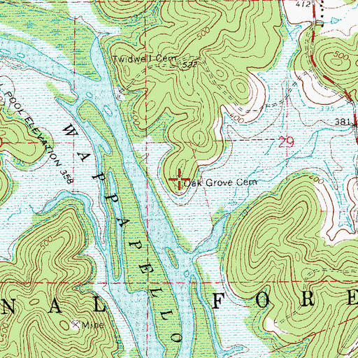 Topographic Map of Oak Grove Cemetery, MO