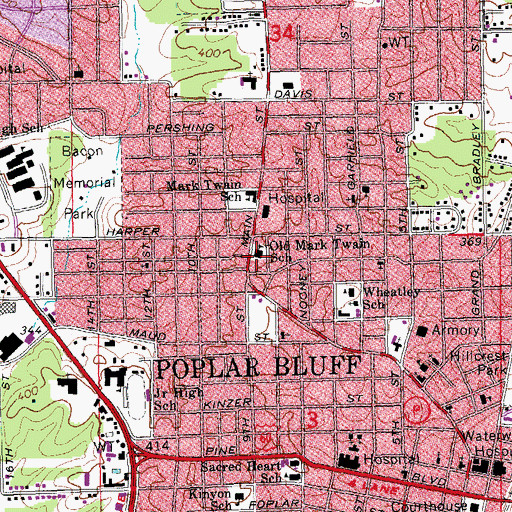 Topographic Map of Old Mark Twain School, MO