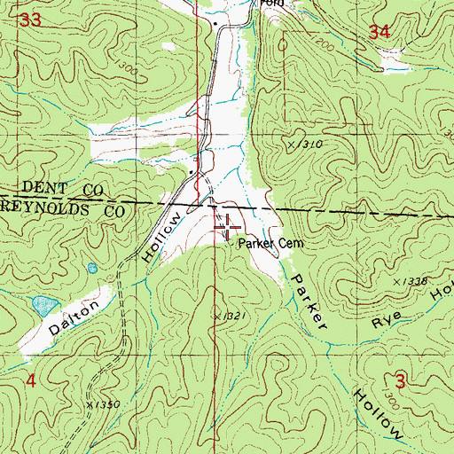 Topographic Map of Parker Cemetery, MO