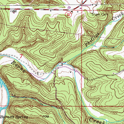 Topographic Map of Phillips Creek, MO