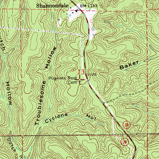 Topographic Map of Pilgrims Rest Cemetery, MO
