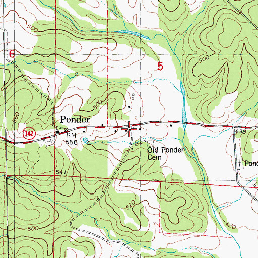 Topographic Map of Ponder, MO