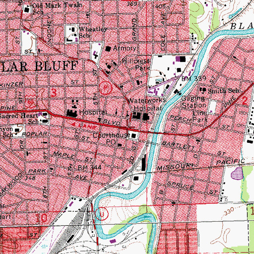 Topographic Map of Poplar Bluff, MO