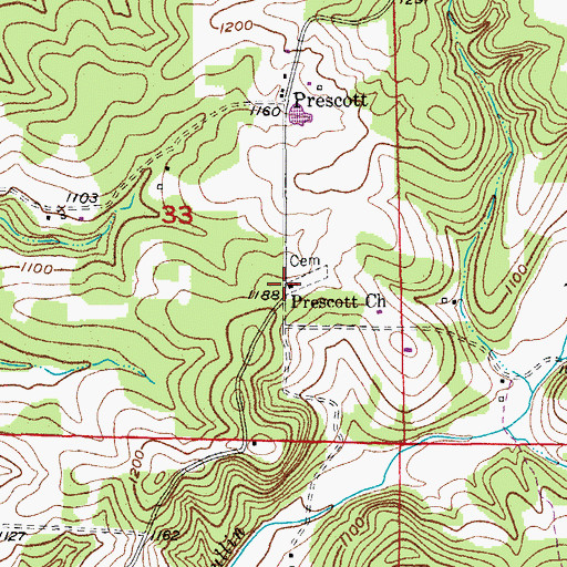 Topographic Map of Prescott Church, MO