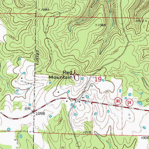 Topographic Map of Red Mountain, MO