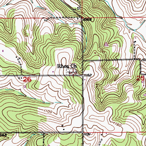 Topographic Map of Rhea Church, MO