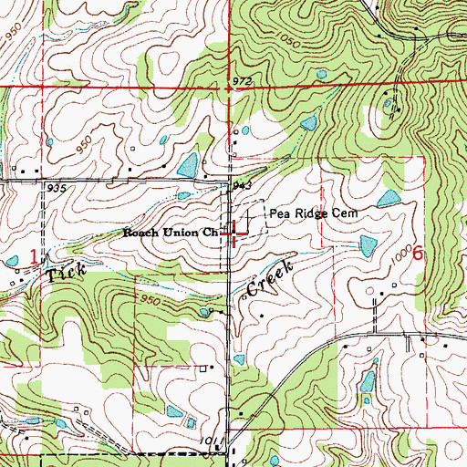 Topographic Map of Roach Union Church, MO