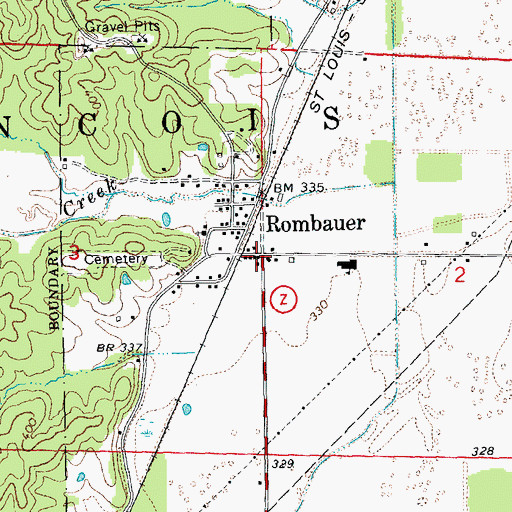 Topographic Map of Rombauer, MO