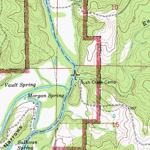 Topographic Map of Rush Creek, MO