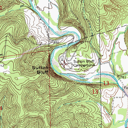 Topographic Map of Sutton Bluff Campground, MO