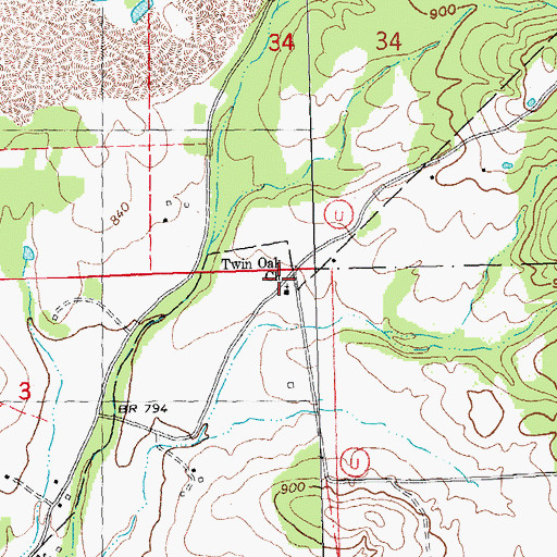 Topographic Map of Twin Oak Church, MO