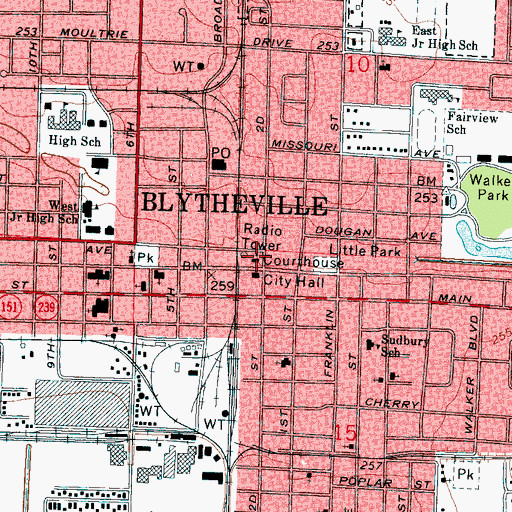 Topographic Map of Mississippi County Courthouse, AR
