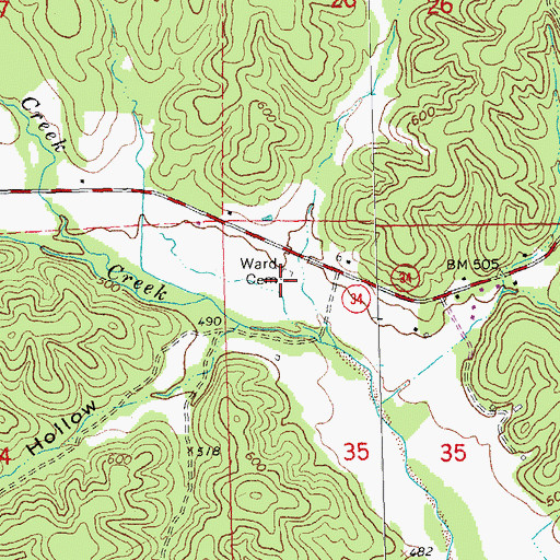 Topographic Map of Ward Cemetery, MO