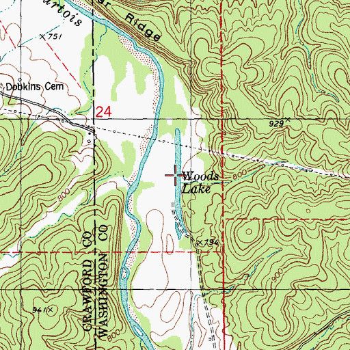 Topographic Map of Woods Lake, MO