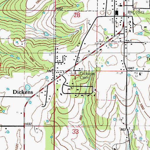 Topographic Map of Dickens Cemetery, MO