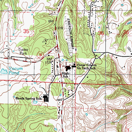 Topographic Map of Reeds Spring High School, MO