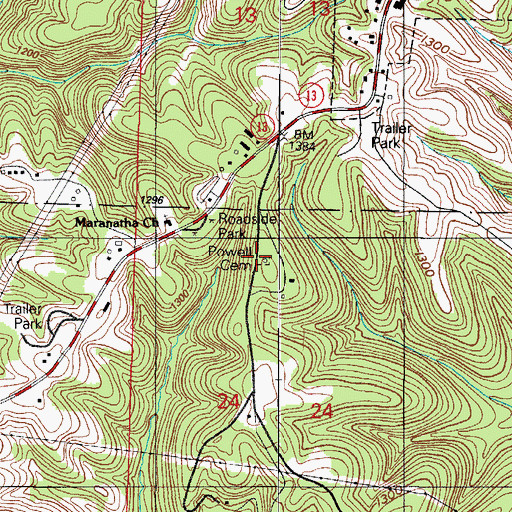 Topographic Map of Powell Cemetery, MO