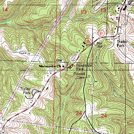 Topographic Map of Waldo Powell Roadside Park, MO