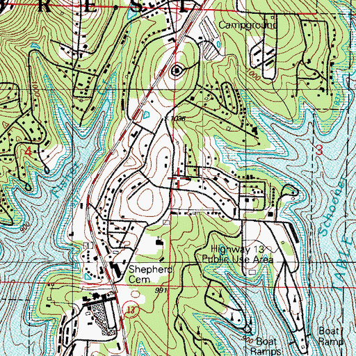 Topographic Map of Kimberling City Area Community Center, MO