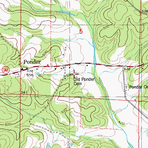 Topographic Map of Old Ponder Cemetery, MO