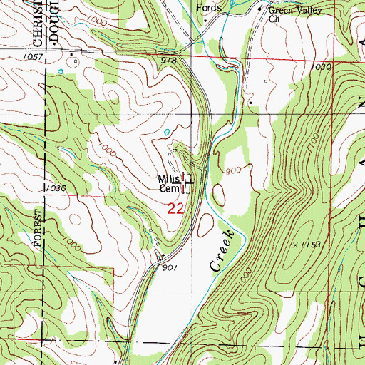 Topographic Map of Mills Cemetery, MO