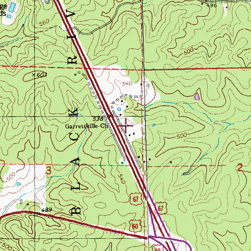 Topographic Map of Garrettville Church, MO