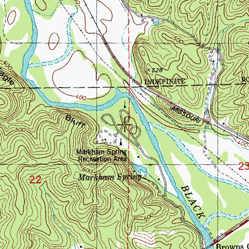 Topographic Map of Markham Spring Recreation Area, MO