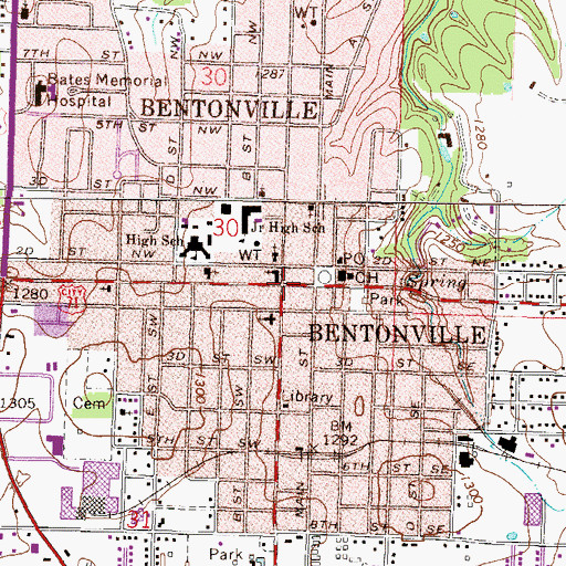 Topographic Map of Bentonville Public Library, AR
