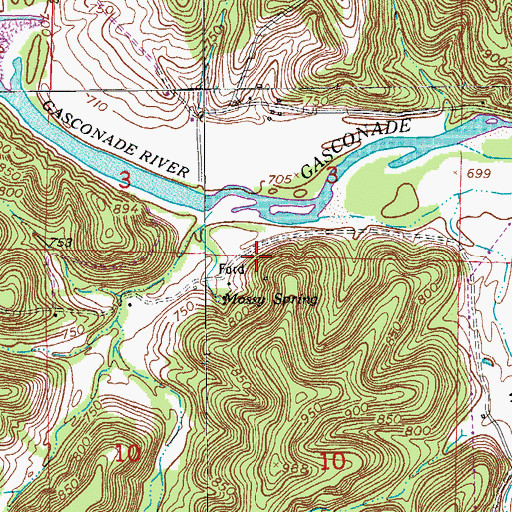 Topographic Map of Mossy Resort (historical), MO