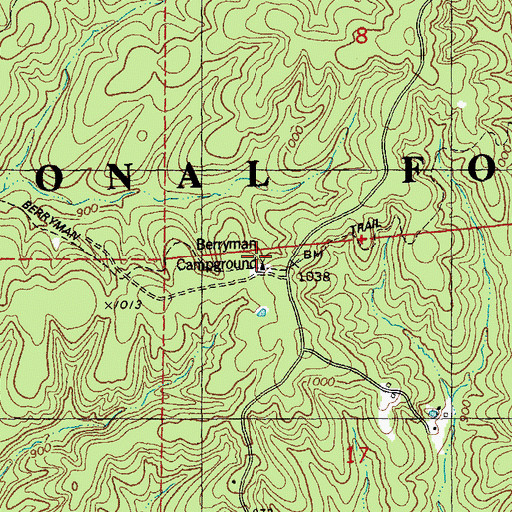 Topographic Map of Berryman Campground, MO
