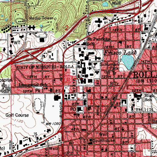 Topographic Map of KMNR-FM (Rolla), MO