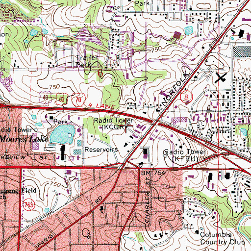 Topographic Map of KCMQ-FM (Columbia), MO