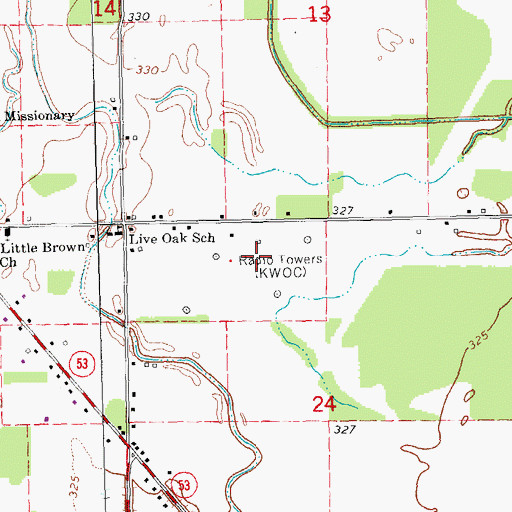 Topographic Map of KWOC-AM (Poplar Bluff), MO