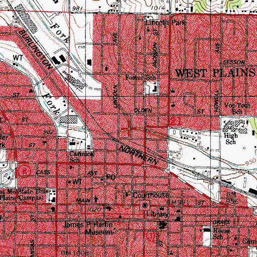 Topographic Map of South Fork Howell Creek, MO