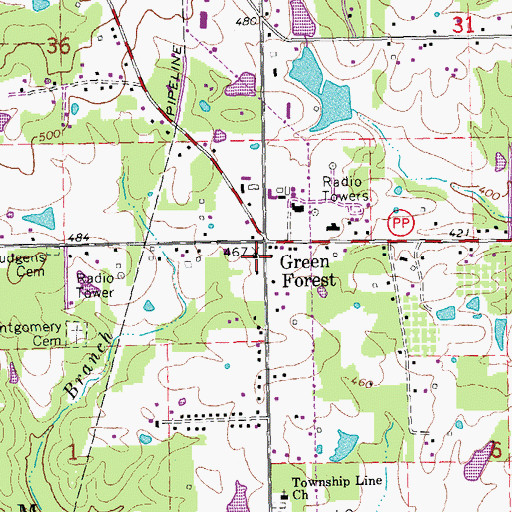 Topographic Map of Green Forest Church, MO