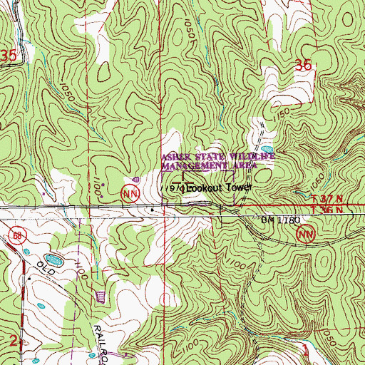 Topographic Map of Asher Lookout Tower, MO