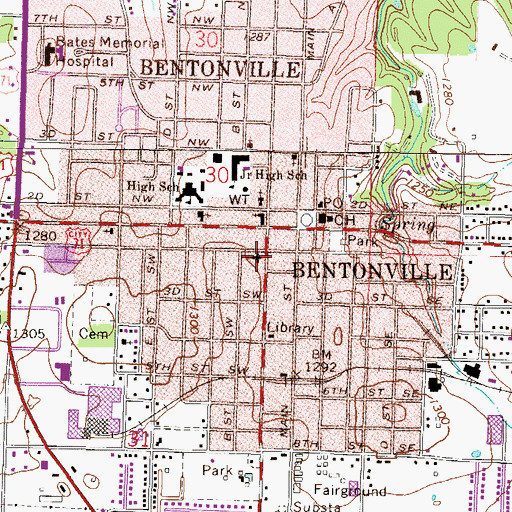 Topographic Map of First Baptist Church of Bentonville, AR
