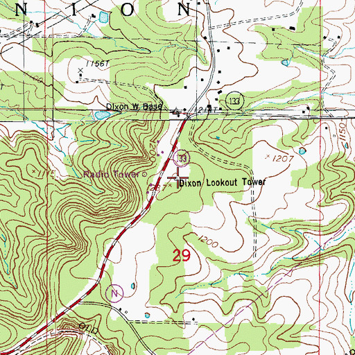 Topographic Map of Dixon Lookout Tower, MO