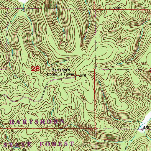 Topographic Map of Hartshorn Lookout Tower, MO