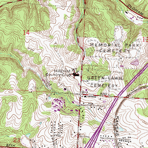 Topographic Map of Hillcrest Country Club, MO