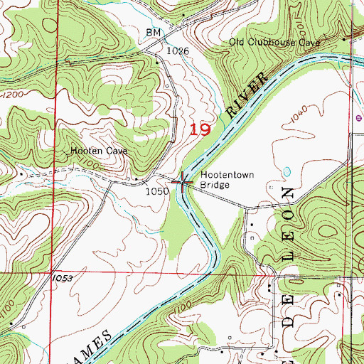 Topographic Map of Hootentown Bridge, MO