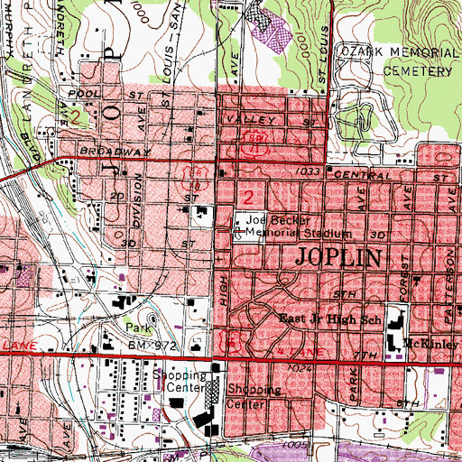 Topographic Map of Joe Becker Memorial Stadium, MO